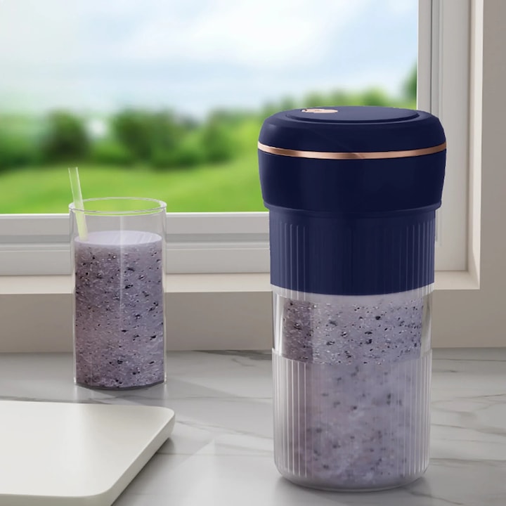 Blender electric portabil, cu acumulator USB 4000mAh, 22x8x8cm, pentru smoothie-uri si sucuri, rosu roz