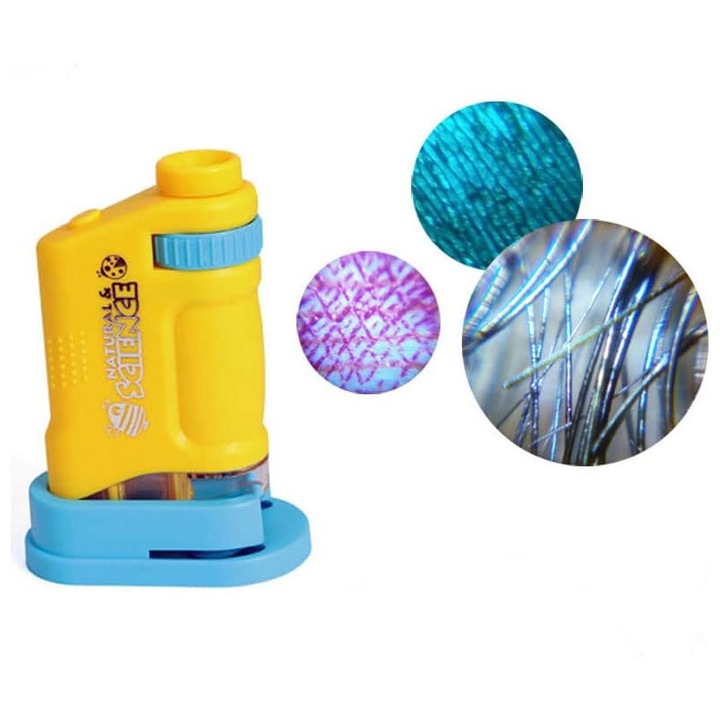 Mini Microscop de mana de jucarie pentru copii JuniorScope Doty®, pentru explorare si invatare, jucarie educativa, galben/albastru, pentru interior si exterior