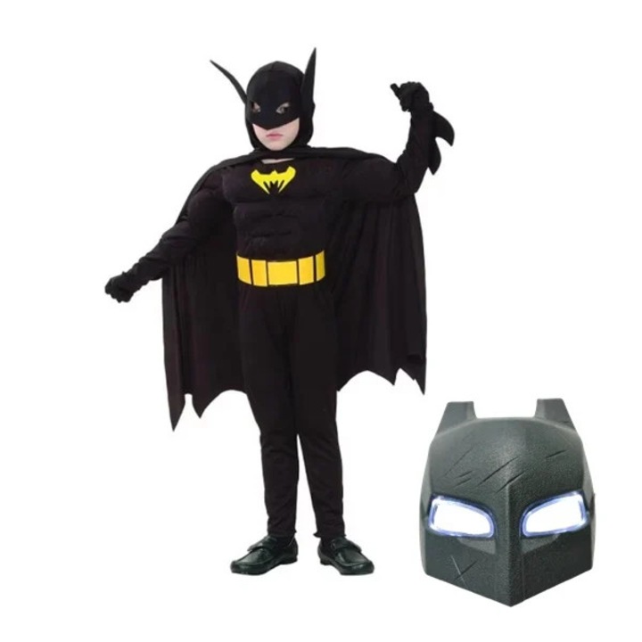 Set masca LED si costum carnaval Batman cu muschi pentru copii, negru, 3-5 ani, 100-110 cm