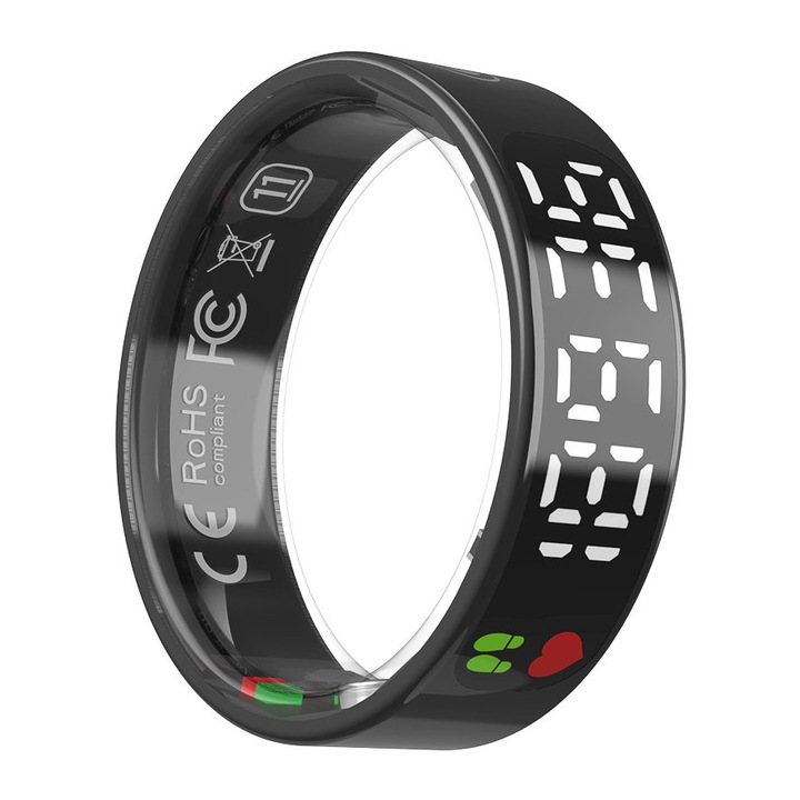 Inel inteligent, cu protectie la apa, monitorizare a ritmului cardiac, numar de pasi, sleep, functie de afisaj LED, conexiune Bluetooth, suport pentru sisteme Android si iOS, marimea 10, cu husa