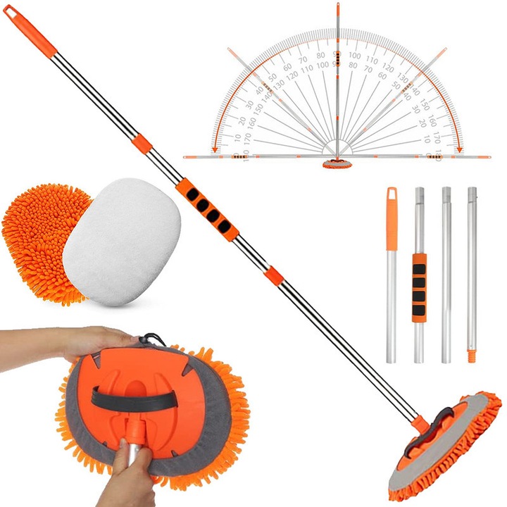 Autómosó kefe teleszkópos nyéllel 160cm, 2 mikroszálas kendő, narancs