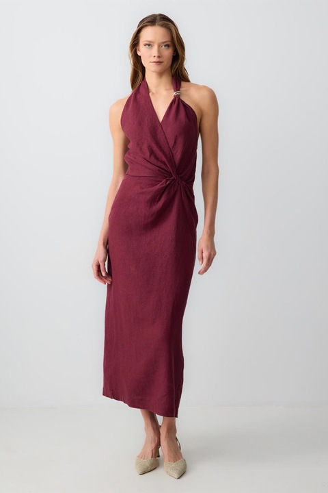 JIMMY KEY, Rochie halter din in cu croiala slim-fit, Visiniu, M