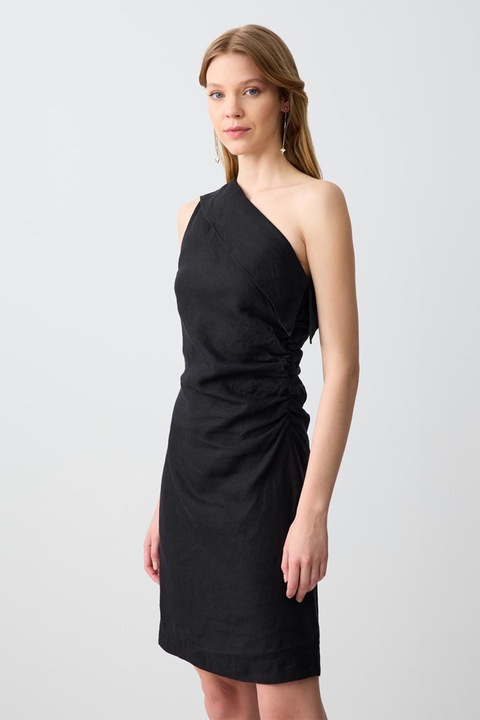 JIMMY KEY, Rochie slim-fit din in cu decolteu pe un umar, Negru, L