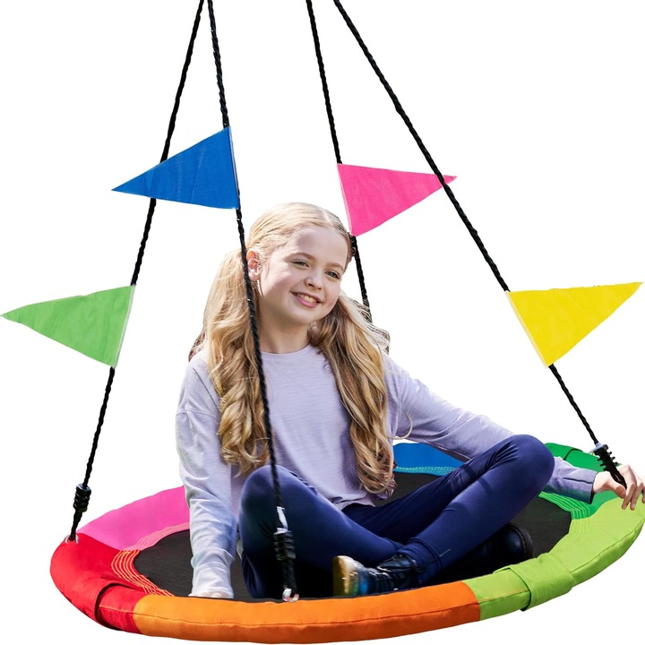 Leagan pentru Copii Tip Cuib 100 Cm, Reglabil pe Inaltime 180 Cm, Material Oxford 900D Impermeabil, Sarcina Maxima 450 Kg, Spin 360°, Steaguri Decorative, Franghii Ajustabile si Carabiniere, Cadru din Otel, Interior/Exterior, Multicolor