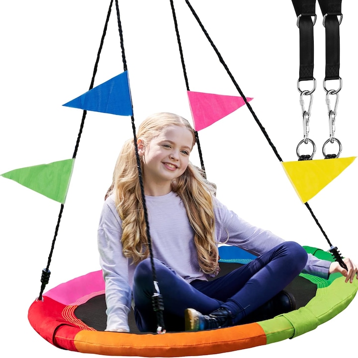 KangoKiddo™ Nest hinta gyerekeknek 100 cm, állítható magasság 180 cm, vízálló 900D Oxford anyag, maximális terhelés 450 kg, 360°-os forgás, dekoratív zászlók, állítható kötelek és karabinerek, acélváz, beltéri/kültéri, többszínű