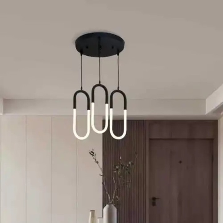 Lustra LED, telecomanda inclusa, neagra, ovala, 54W, trei tipuri de lumina, calda, neutra si rece, intensitate reglabila, dimensiuni (L, l, h) 60x20x60cm, clasa protectie IP21, montaj tavan