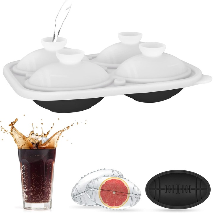 Set 4 Forme Cuburi Gheata 3D Minge Rugby, Koilox, Silicon Negru, BPA-Free, Usor de Umplut si Curatat, 5, 5 cm, Pentru Whisky, Cocktail, Suc, Rezistente la Masina de Spalat Vase