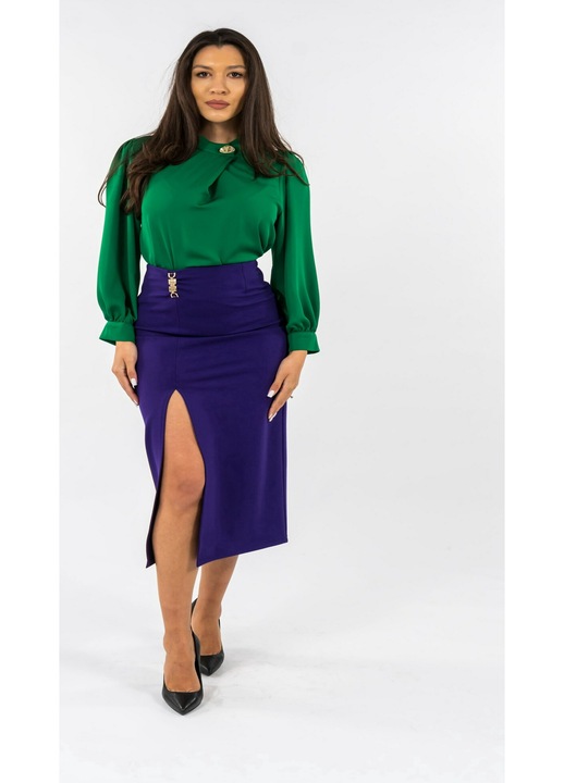 Compleu Bluza Verde Smarald si Fusta Mov cu Slit, Verde/Mov