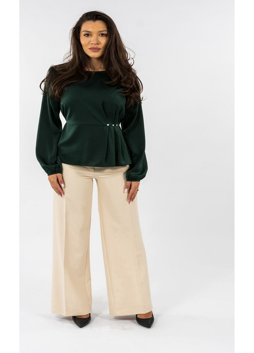 Compleu Bluza Verde Smarald si Pantaloni Crem, Verde/Crem