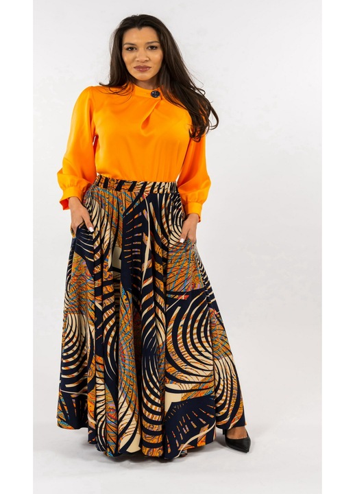 Compleu Bluza Portocalie si Fusta cu Imprimeu, Portocaliu/Multicolor