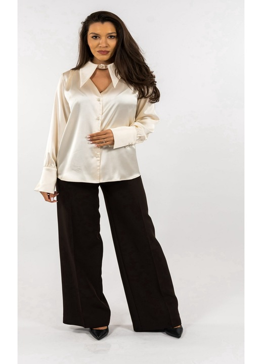 Compleu Camasa Crem Matase si Pantaloni Negri Estera, Negru/Crem