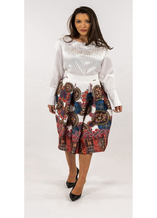 Compleu Bluza Alba si Fusta cu Imprimeu Divers, Alb/Multicolor