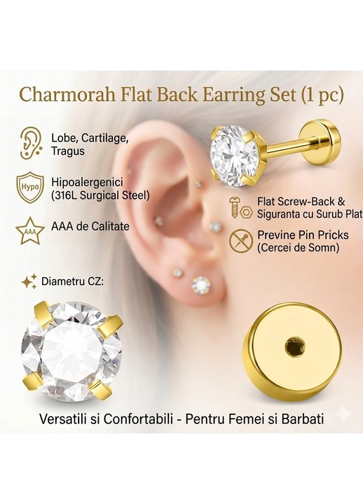 Cercei cu Tija Plata (Piercing), Charmorah, Hipoalergenici si de Somn, Otel Chirurgical 316L si Zirconiu AAA, Set 1 Bucata, 6mm x 0.8mm, Auriu