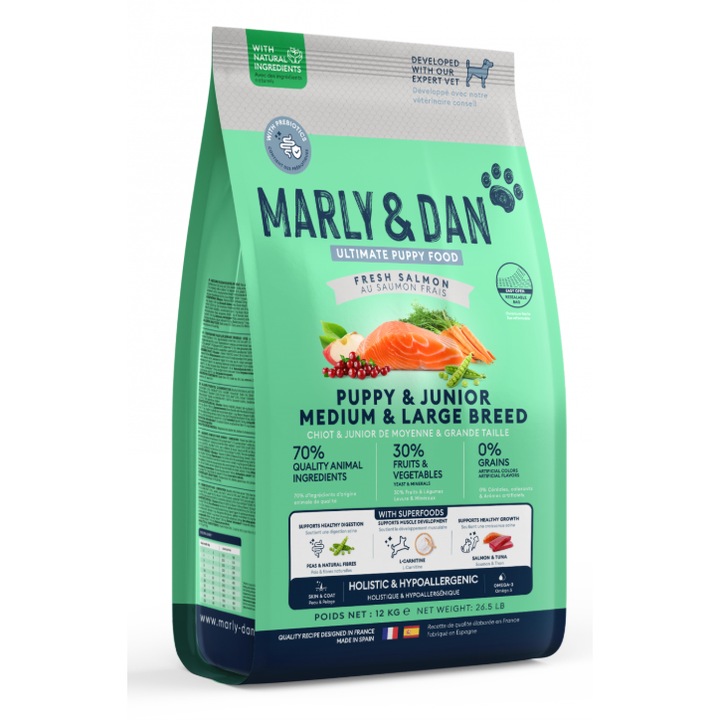 HRANA USCATA PENTRU CAINI JUNIORI DE TALIE MEDIE SI MARE, MARLY&DAN, 12kg