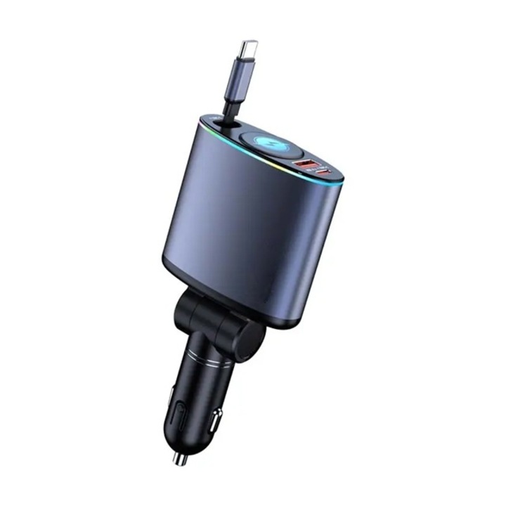 Incarcator auto Fast Charge retractabil ZYTEQ®️, unghi ajustabil, cu afisaj digital, design compact, cu un cablu retractabil Type C, doua porturi iesire USB si USB-C, gri