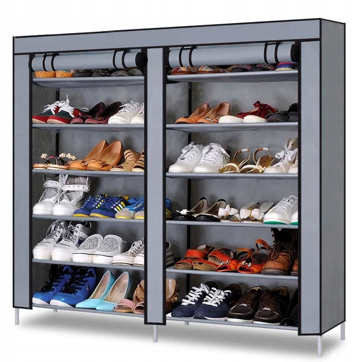 Raft pentru incaltaminte, Metal, Otel inoxidabil, Tesatura impermeabila, Gri, 12 rafturi, Dimensiuni 120 x 30 x 110 cm, Usor de montat, Stabil, Multifunctional, Pentru acasa si birou