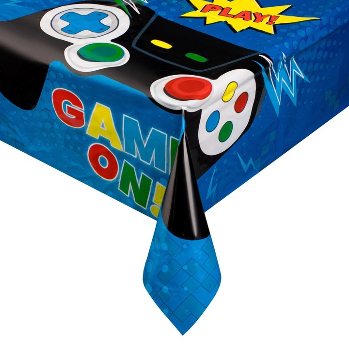 Kék műanyag party terítő "Game On" vezérlő mintával 180x120cm - 1db