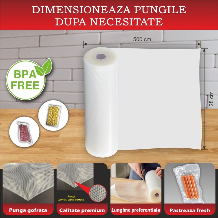 Set 50 role pungi vidat gofrate, dimensiuni 280x5000 mm, transparente, grosime 85 microni, preparare sau depozitare Sous Vide