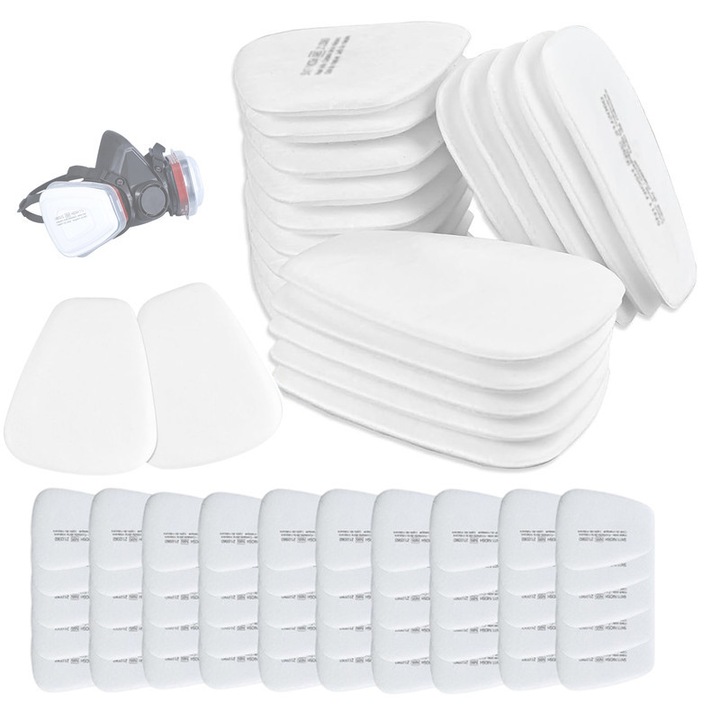 Set de 50 filtre din bumbac pentru masca de protectie, 5N11CN, filtrare particule fine, alb, 8.5x10.5cm