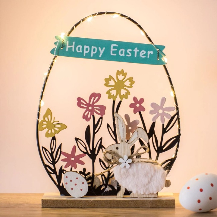 Decoratiune de Paste din Lemn Ou cu Iepuras Flori & LED 17x4x23cm