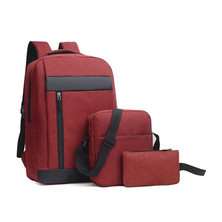 Rucsac 3 in 1 pentru laptop, geanta si set de articole de toaleta, poliester, rosu