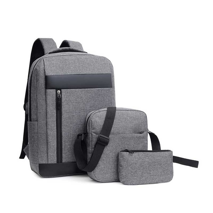 3 az 1-ben laptop hátizsák, táska és pipere szett, poliészter, szürke