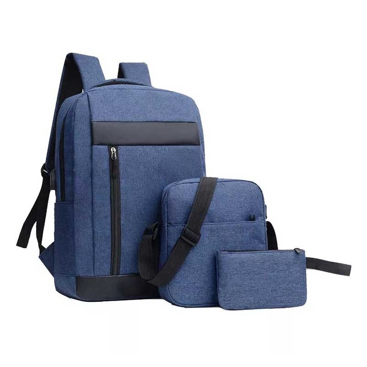 Set rucsac pentru laptop, geantă și penar Office 1 Casablanca, 3 în 1, poliester, albastru