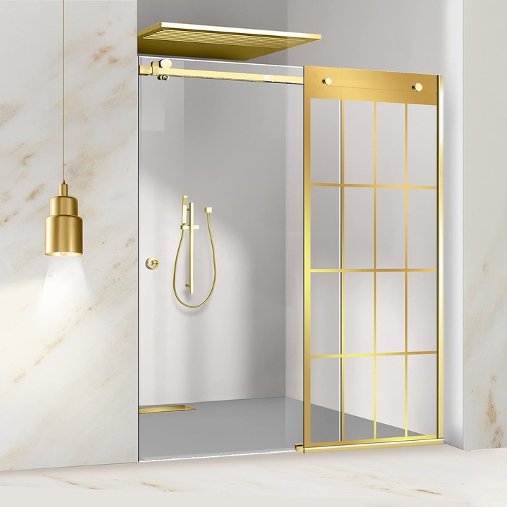 Tolóajtós zuhanyfal Glissando Gold, Rank arany modell, víztiszta biztonsági üveg, 80-90x205 cm réshez