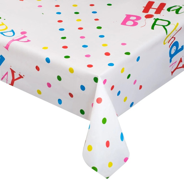 Fehér műanyag party terítő színes pöttyökkel Boldog születésnapot 180x120cm - 1db