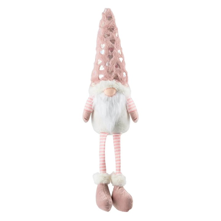 Figurina Decorativa Mos Craciun Gnome Alb Roz Blana Artificiala Inimioare Holografice 38cm