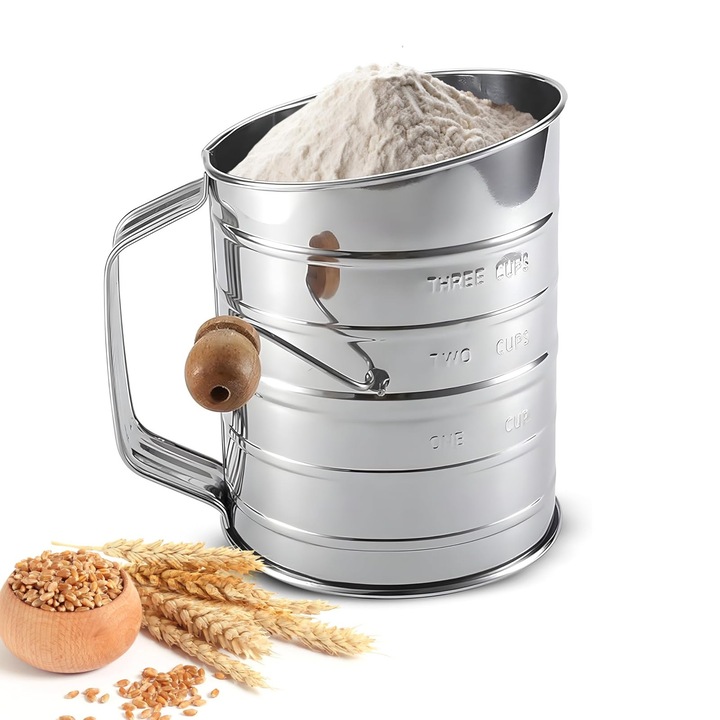 Сито за брашно, ZGGZERG, Ръчно дървено сито за брашно, С дръжка, Градуиране и фина мрежа, Лесно за почистване, Спестява усилия, Преносимо, За пресяване на брашно или захар, Неръждаема стомана, Бук, 14.5*12.5*11.2 см, Сребристо