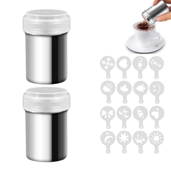 Цедка за подправки, ZGGZERG, Цедка от неръждаема стомана за брашно и захар, Комплект от 2, С капак, Шаблони за кафе, Фина мрежа, Лесни за почистване, Спестяват усилия, За какао, Подправки, Неръждаема стомана, 5.9*9 см, Сребърна