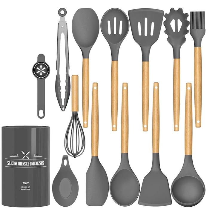 Set 14 ustensile de bucatarie, ZGGZERG, Antiaderentente si Termorezistente, Maner din lemn, Design gauri de agatat, Usor de curatat, Design integrat, Fara zgomot, Suport Blat, Silicon alimentar, 132-318mm, Gri