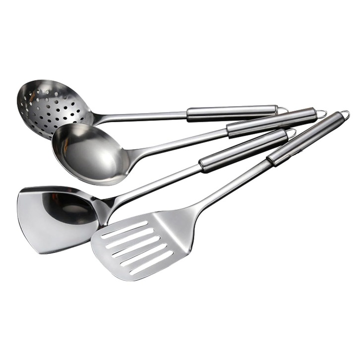 Set 4 ustensile de bucatarie, ZGGZERG, Design gauri de agatat, Termorezistente, rezistente, Usor de Curatat, Design ergonomic, Potrivite pentru Masina de Spalat Vase, Otel Inoxidabil, 33-35.5mm, Argintiu