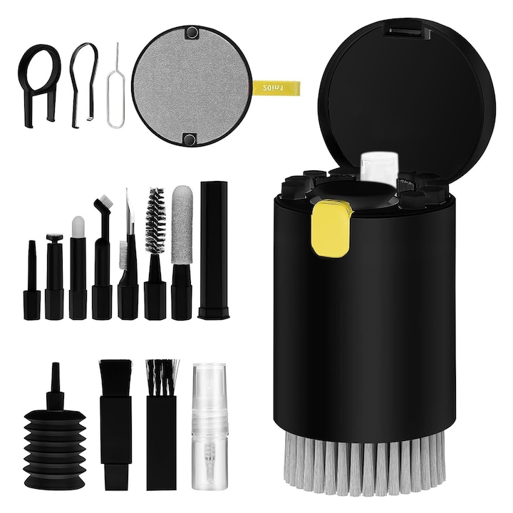 Kit multifunctional de curatare produse electronice 20 in 1, SINBINTA, Cu perie pentru tastatura, extractor de taste, sticla de pulverizare, suflanta de aer, Portabil, Pentru laptop, tastatura, camera foto, Plastic, 57 x 57 x89mm, Negru