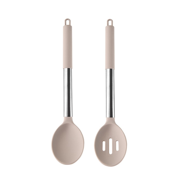 Set 2 lingura de bucatarie din silicon, ZGGZERG, Design gauri de agatat, Usor de curatat, Design integrat, anti-alunecare si antioparire, Rezistenta 250 grade, potrivit pentru gatit, amestecat si servit taitei, siliconic, 34*7cm, Kaki