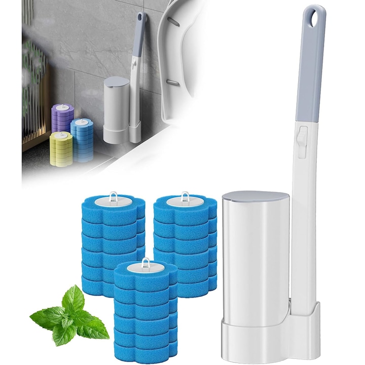 Set perie de toaleta montata pe perete, SINBINTA, Set 18 rezerve pentru perie WC, Cu suport autoadeziv pe perete, 6 + 12 capete de schimb, De unica folosinta, Pentru chiuveta, cada, podea, Plastic, 10 x 40cm, Alb