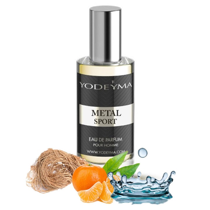 Yodeyma Metal Sport Apa de parfum pentru barbati, nuante de mandarina, nota acvatica si vetiver, pentru barbatul activ si dinamic, 15ml