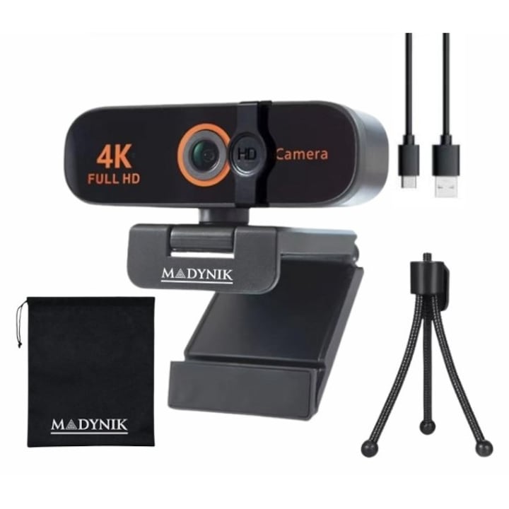 Madynik 4K Full HD уеб камера, Plug and Play, 360° въртене, 130° ъгъл, шумопотискащ микрофон, USB 2.0 кабел, статив, защитен капак и защитен калъф са включени