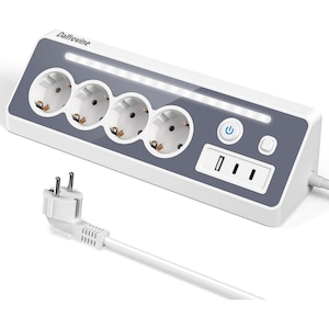 Prelungitor cu Protectie Supratensiune DalfrovineⓇ, 4 Prize + 3 USB (2xUSB-C + 1xUSB-A 22.5W Incarcare Rapida), Protectie Copii, Cablu 1.5m, 3680W, Buton ON/OFF, 100V-250V, Alb/Gri