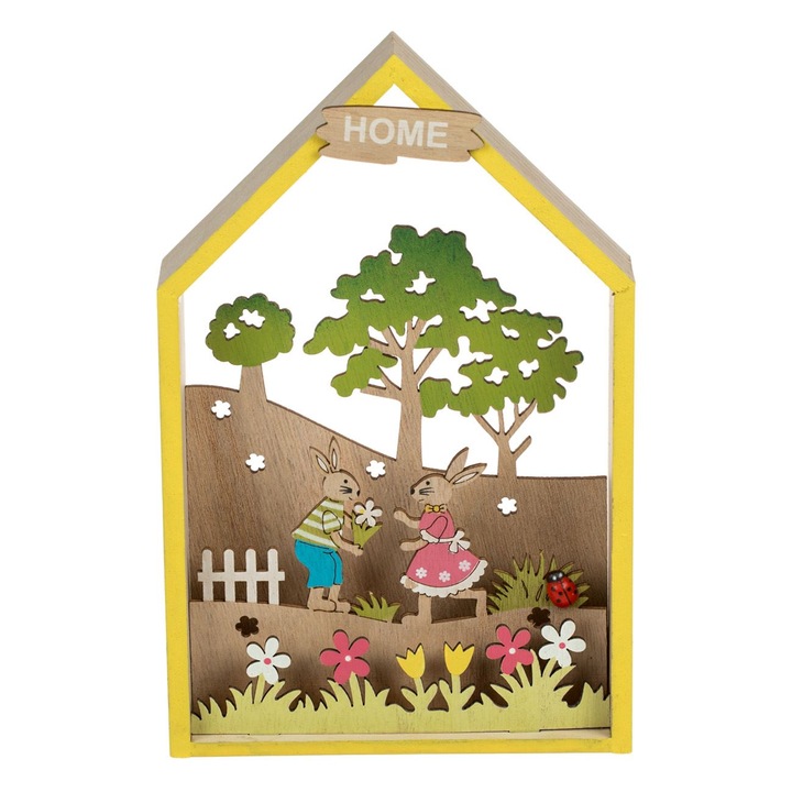 Decoratiune de Paste din Lemn de Masa Casa Iepuri 14x4x22cm