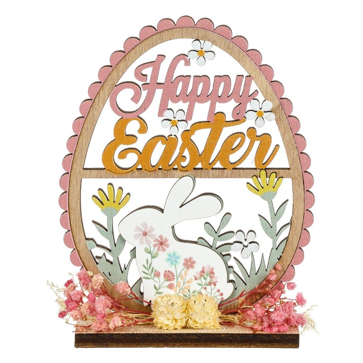 Decoratiune de masa din lemn pentru Paste Shopiens®, forma de ou de culoare naturala cu iepure, flori si flori uscate, 12 x 2 x 15 cm