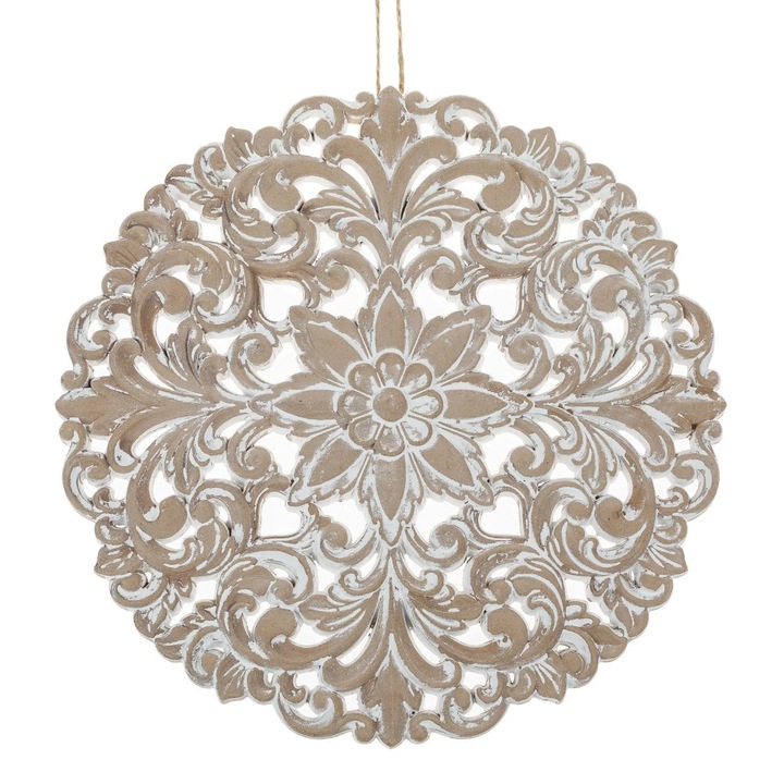 Decoratiune de Perete Etnica din Lemn Sculptat Brushed Alb Model Floare Ø39.5cm