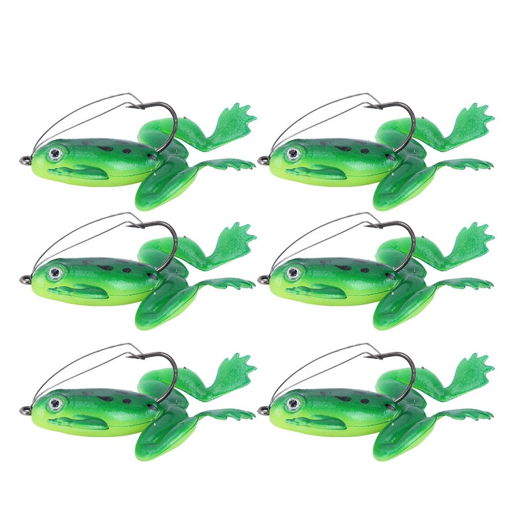 6 db puha műanyag békacsalis horgászcsali készlet, zöld, 6 cm