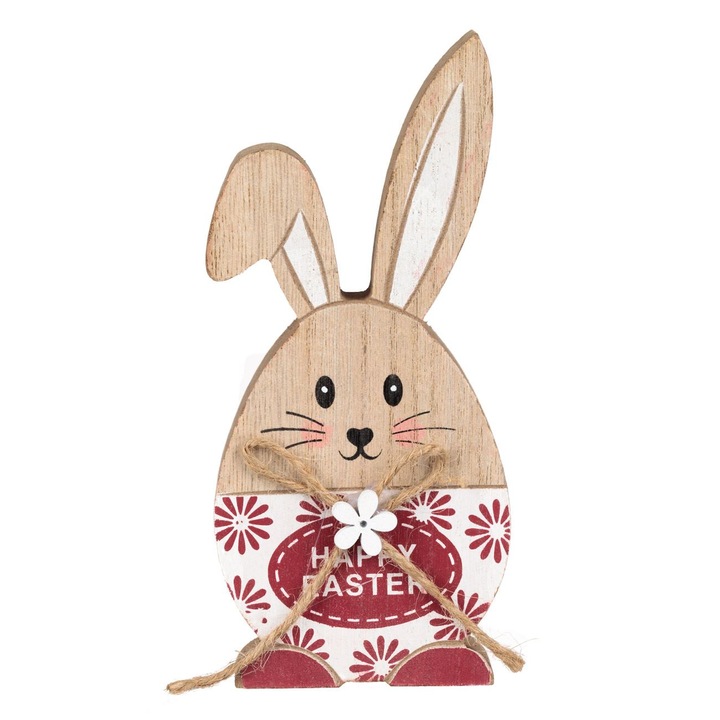 Decoratiune de masa din lemn pentru Paste Shopiens®, in forma de iepuras cu funda si floare, 6.5 x 2 x 14.5 cm