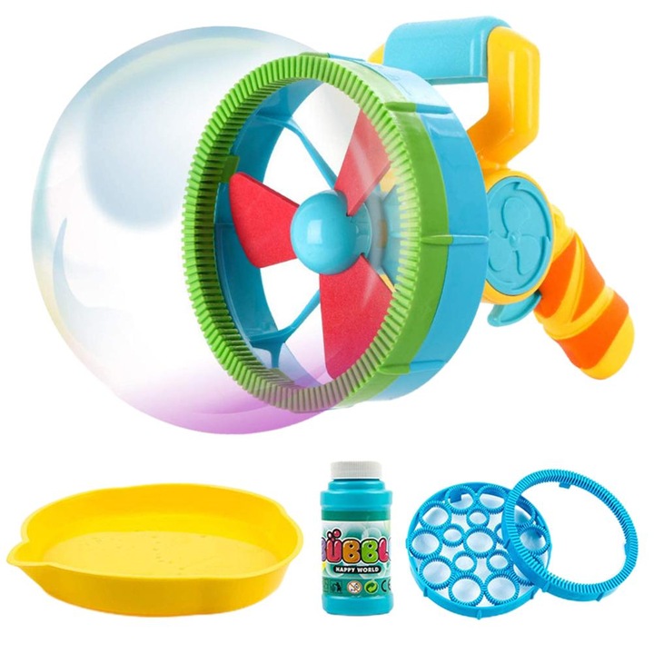 Masina electrica de bule pentru copii, Enforose, cu 110ml lichid de bule, 2 tipuri de cercuri, multicolor, 400g