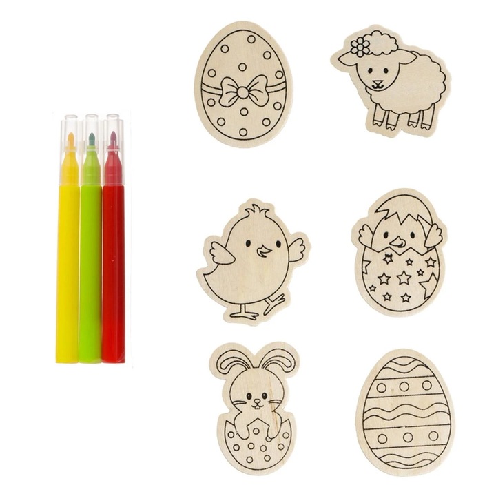 Set Creativ cu 6 Figurine de Paste cu Magnet & 3 Carioci