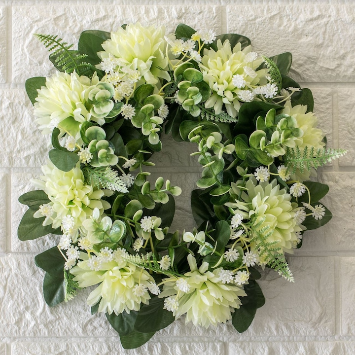 Coronita Decorativa de Primavara cu Flori Albe Eucalipt & Feriga Ø25cm