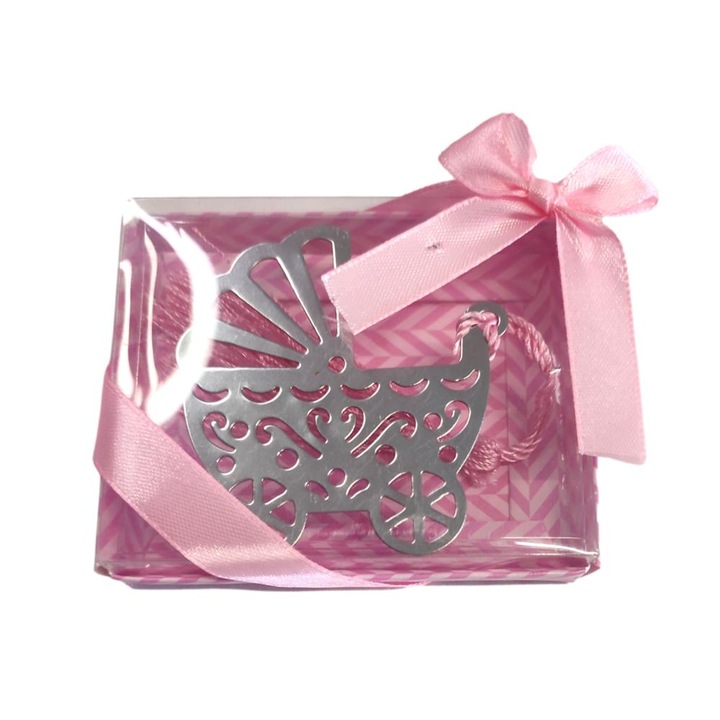 Marturii botez semne de carte carucior cu snur roz - cadouri pentru invitati Denikos NK93