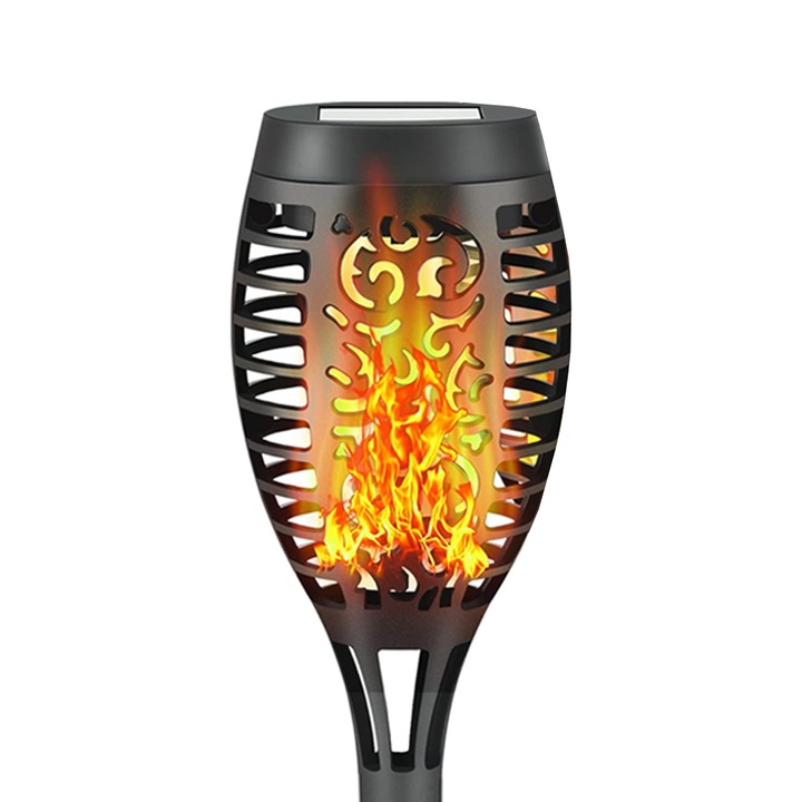 Teno® Flame Type Solar Lamp, за градина, балкон, екстериор, устойчив слънчев панел, зареждане през деня, 8-12 часа автономност, NiMH батерия, IP65 водоустойчива защита, 10x58 см, черен